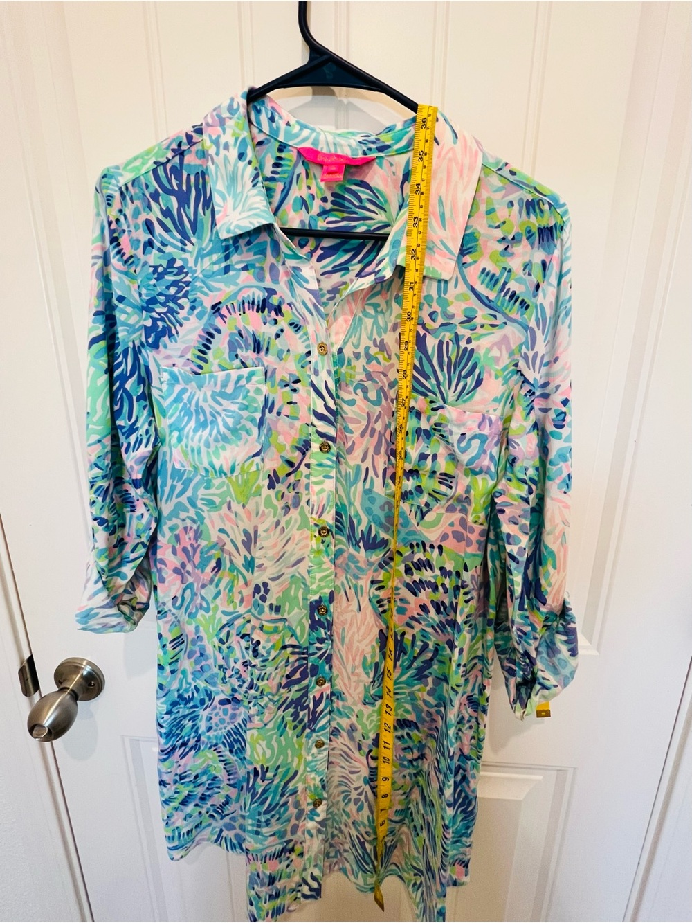 $98 Lilly Pulitzer Turquoise Blue Pink Green Palm-Print Shirtdress - Picture 4 of 11